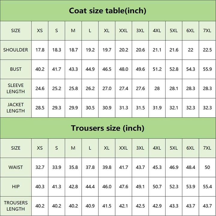 Größentabelle für Mäntel und Hosen in Zoll, XS bis 7XL, grün, detaillierte Maße.