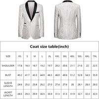 Weißer Smoking-Blazer mit schwarzem Revers, florales Muster, Herrenmode, Größentabelle.