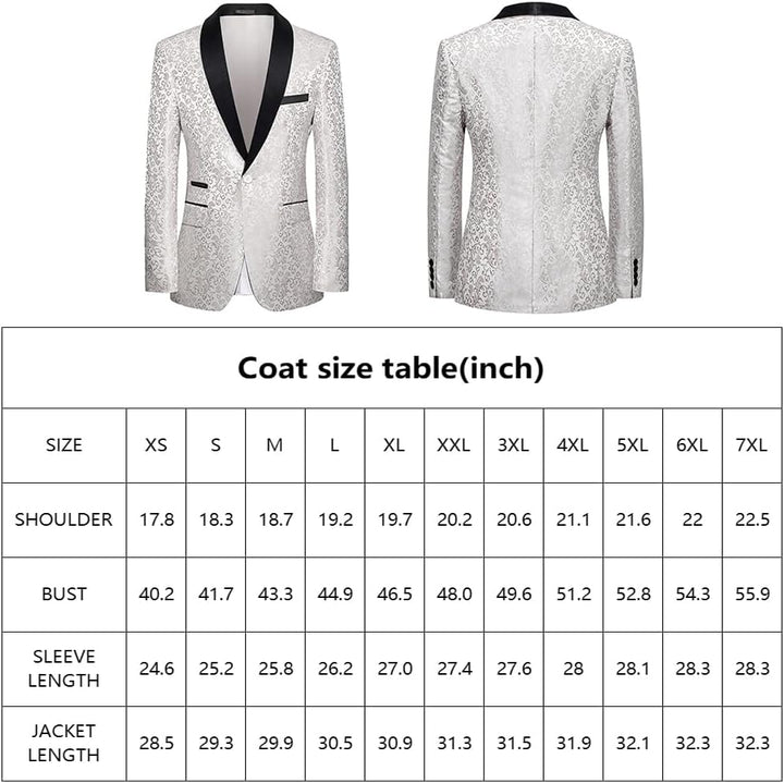 Weißer Smoking-Blazer mit schwarzem Revers, florales Muster, Herrenmode, Größentabelle.