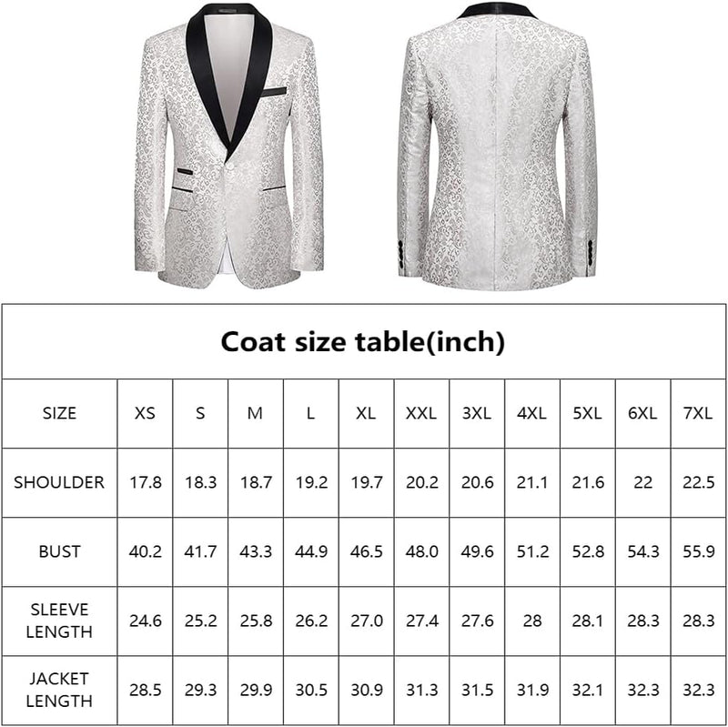 Weißer Smoking-Blazer mit schwarzem Revers, florales Muster, Herrenmode, Größentabelle.