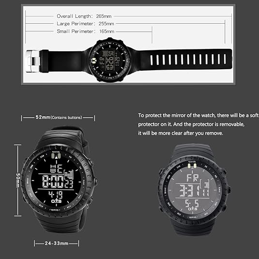 Schwarze digitale Sportuhr, wasserdicht, mit Silikonarmband und großem Display.