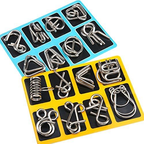 Metallpuzzle-Set, 16-teilig, Gehirntraining, Logikspiel, silber, auf blauen und gelben Karten.