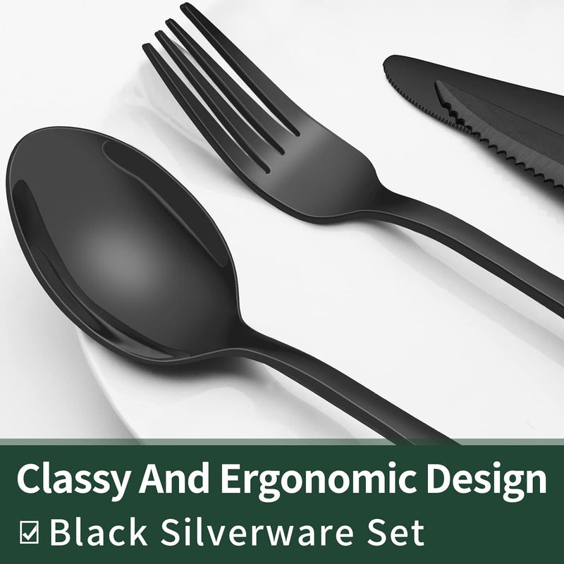 Schwarzes Besteckset aus Edelstahl, ergonomisches Design, Löffel, Gabel, Messer auf Teller.