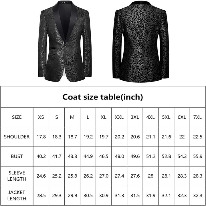 Schwarzes Herren-Sakko mit floralem Muster, glänzendem Stoff, Größen XS bis 7XL, Größentabelle.