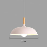Moderne weiße Pendelleuchte, 35 cm, Holzdetail, skandinavisches Design, Innenbeleuchtung.
