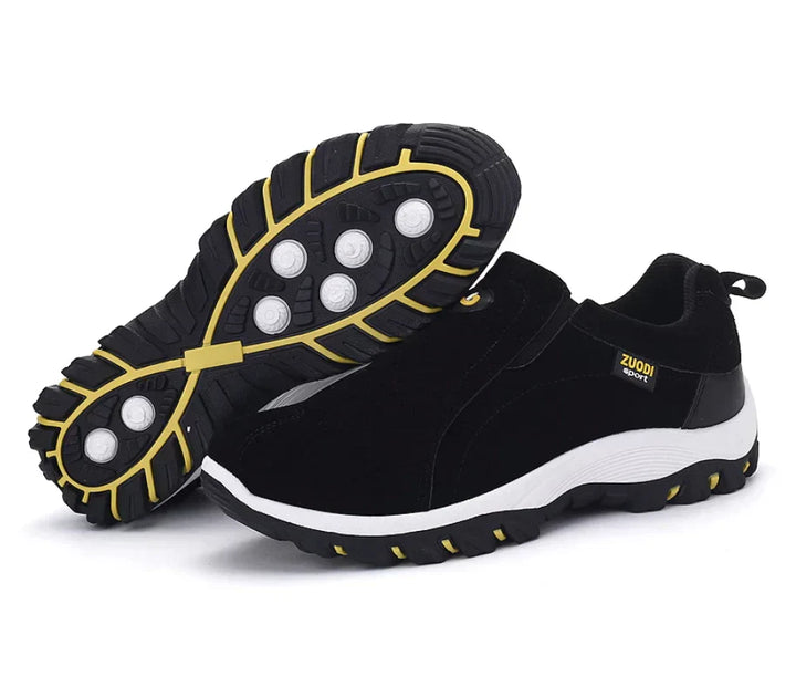 Schwarze Herren-Sportschuhe mit gelber Sohle, rutschfest, bequem, ideal für Outdoor-Aktivitäten.