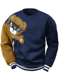 Dunkelblauer Pullover mit Teddybär-Motiv, Plüschärmel, Unisex, modisch, Baumwolle.