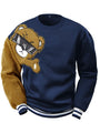 Dunkelblauer Pullover mit Teddybär-Motiv, Plüschärmel, Unisex, modisch, Baumwolle.