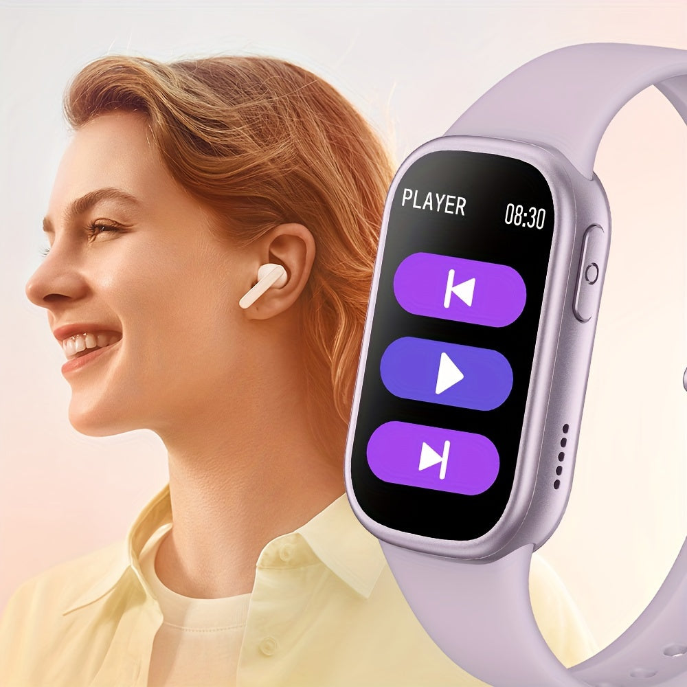 Frau mit kabellosen Ohrhörern und Smartwatch mit Musiksteuerung, lila Armband, modernes Design.