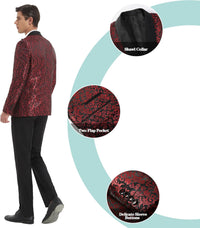 Roter Smoking mit schwarzem Paisley-Muster, Schalkragen, zwei Pattentaschen, elegante Knöpfe.