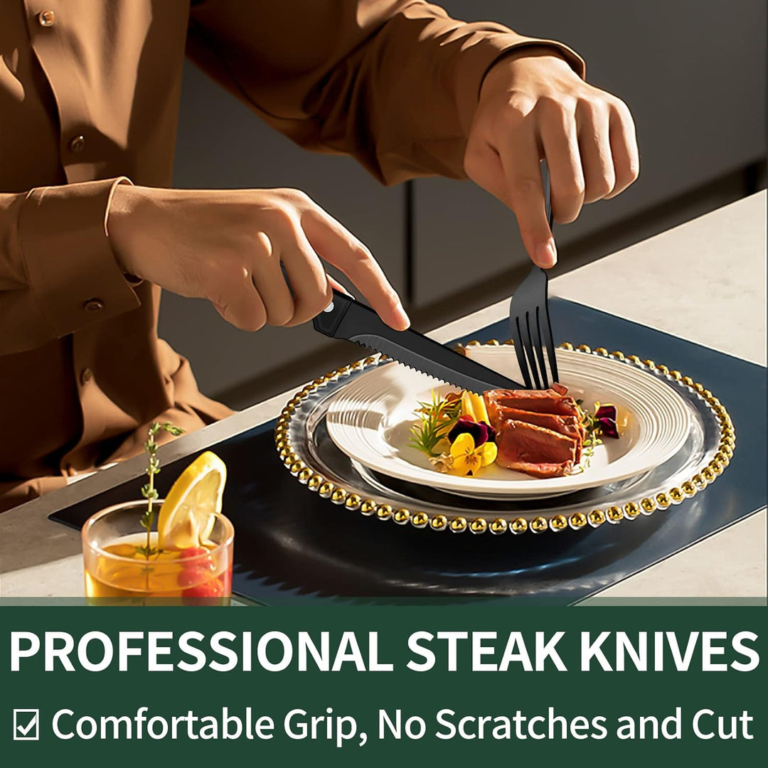 Professionelle Steakmesser, schwarzer Griff, Edelstahl, komfortabler Halt, kratzfrei, schnittfest.
