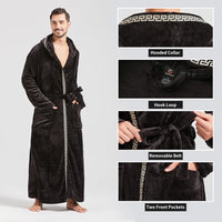 Schwarzer Fleece-Bademantel mit Kapuze, abnehmbarem Gürtel, Taschen, griechischem Muster.