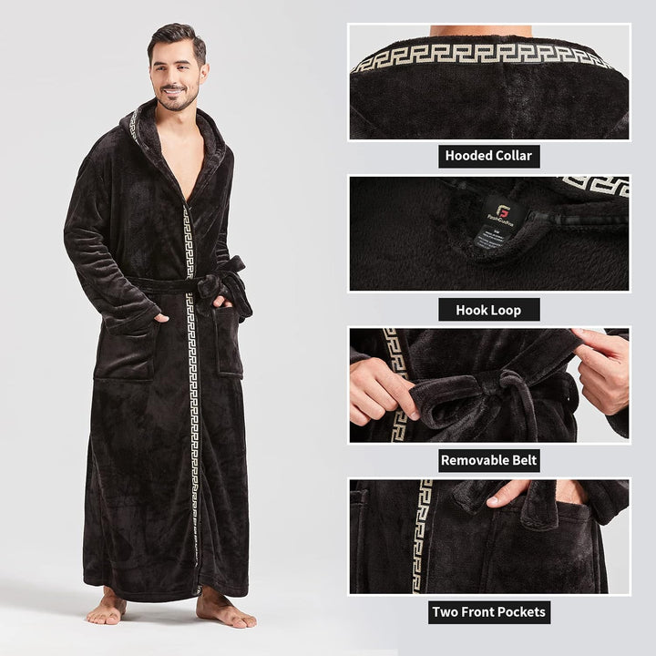 Schwarzer Fleece-Bademantel mit Kapuze, abnehmbarem Gürtel, Taschen, griechischem Muster.