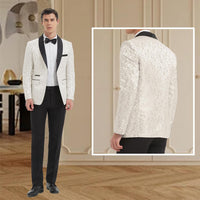 Eleganter weißer Smoking mit schwarzem Revers, Herrenmode, formelle Abendgarderobe.