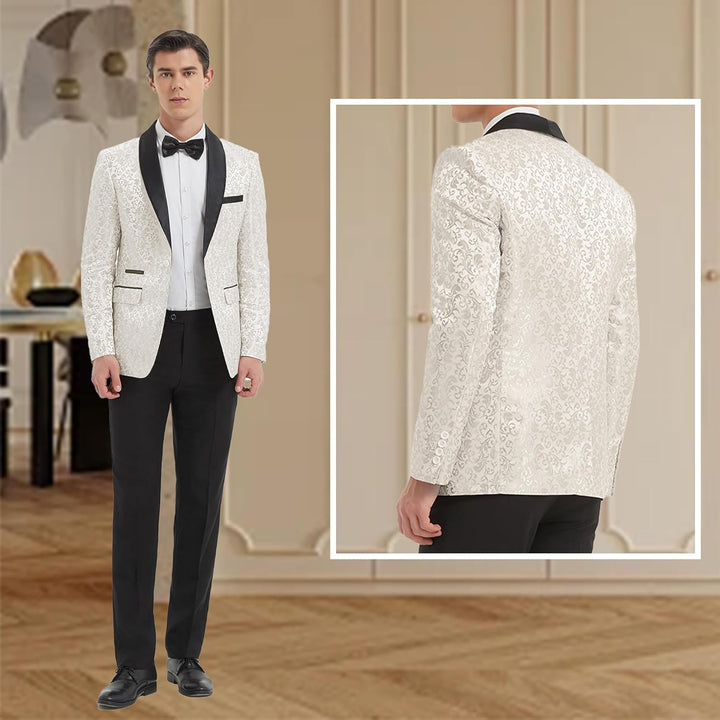 Eleganter weißer Smoking mit schwarzem Revers, Herrenmode, formelle Abendgarderobe.