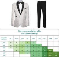 Weißer Smoking mit schwarzem Revers, schwarze Hose, Größentabelle, Herrenmode, elegant.