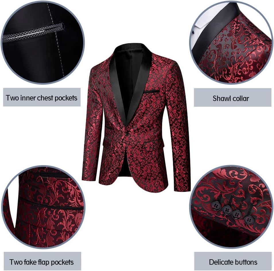 Roter Herren Smokingjacke mit schwarzem Schalkragen, florales Muster, elegante Knöpfe.