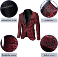 Roter Herren Smokingjacke mit schwarzem Schalkragen, florales Muster, elegante Knöpfe.
