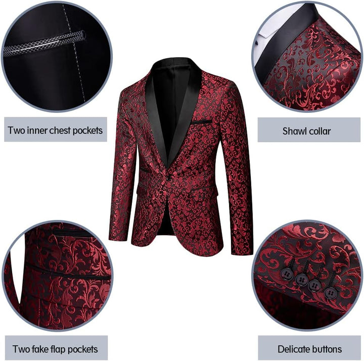 Roter Herren Smokingjacke mit schwarzem Schalkragen, florales Muster, elegante Knöpfe.
