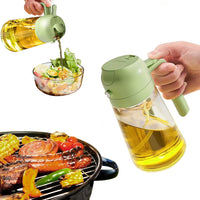 Grüne Ölspenderflasche aus Kunststoff, ideal für Salate und Grillen.