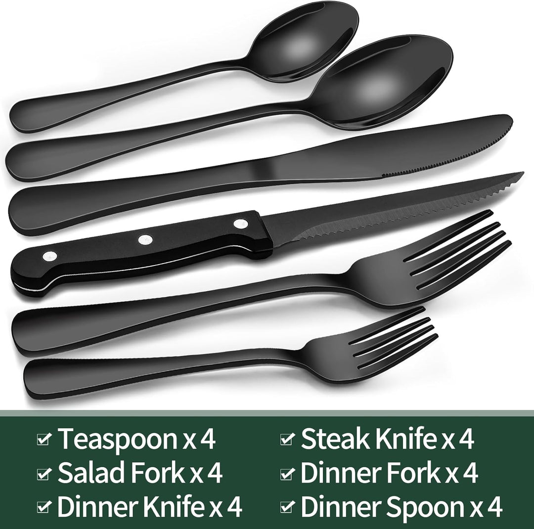 Schwarzes Edelstahl-Besteckset, 20-teilig, inkl. Steakmesser, Löffel, Gabeln, modern.