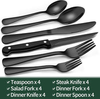 Schwarzes Edelstahl-Besteckset, 20-teilig, inkl. Steakmesser, Löffel, Gabeln, modern.