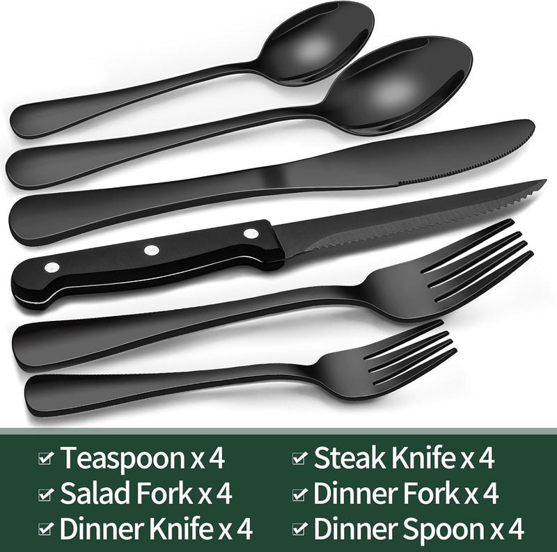 Schwarzes Edelstahl-Besteckset, 20-teilig, inkl. Steakmesser, Löffel, Gabeln, modern.