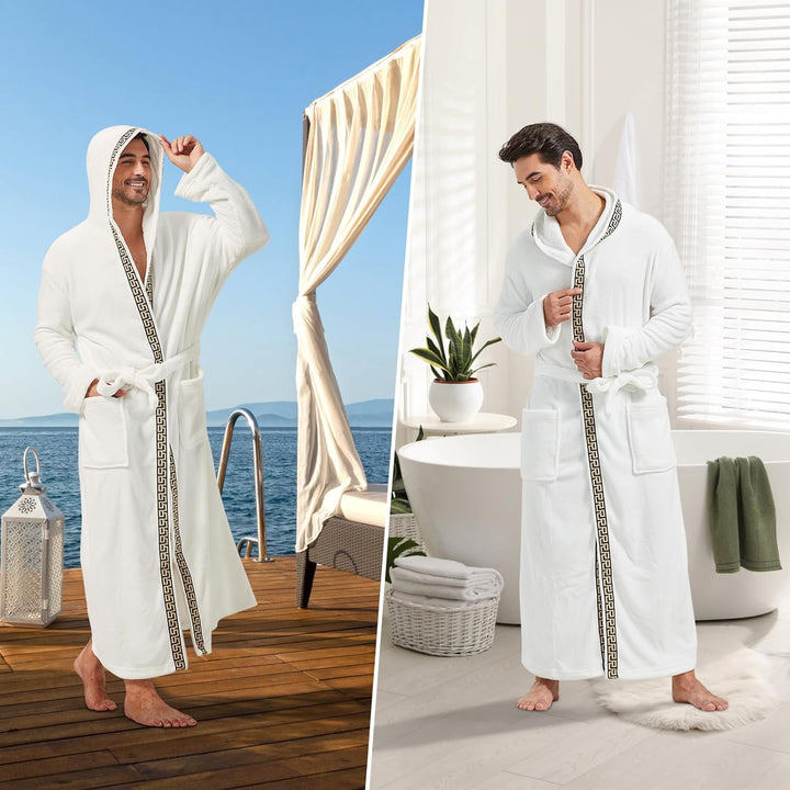Männer-Bademantel mit Kapuze, weiß, Baumwolle, luxuriös, gemütlich, für Spa oder Zuhause.
