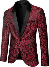 Roter Herren-Blazer mit schwarzem Revers, Brokatmuster, elegant, festlich, Anzugjacke.