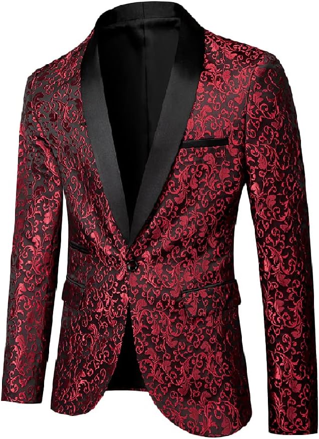 Roter Herren-Blazer mit schwarzem Revers, Brokatmuster, elegant, festlich, Anzugjacke.
