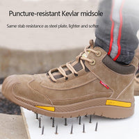 Beige Sicherheitsschuh mit Kevlar-Sohle, durchtrittsicher, robust, ideal für Bauarbeiten.