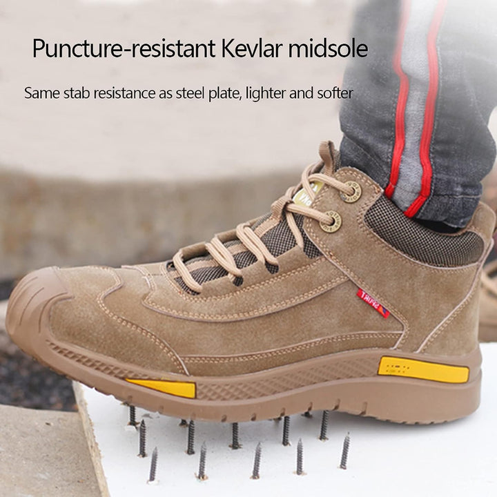 Beige Sicherheitsschuh mit Kevlar-Sohle, durchtrittsicher, robust, ideal für Bauarbeiten.
