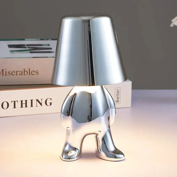 Silberne Tischlampe in Menschform, modernes Design, Wohnzimmer-Dekoration, LED-Beleuchtung.