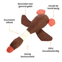 Braunes Hundespielzeug Ente, robustes Material, langlebige Nähte, kaubeständig.