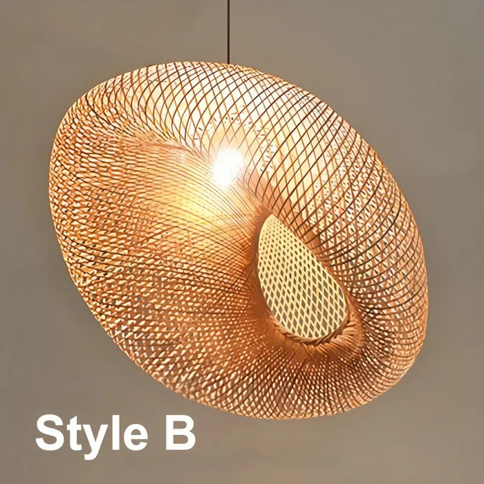 Moderne runde Hängelampe aus Holzgeflecht, warmes Licht, stilvolles Design, Style B.