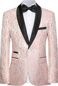 Rosa Herren Smokingjacke mit schwarzem Satinrevers, florales Muster, festliche Abendmode.
