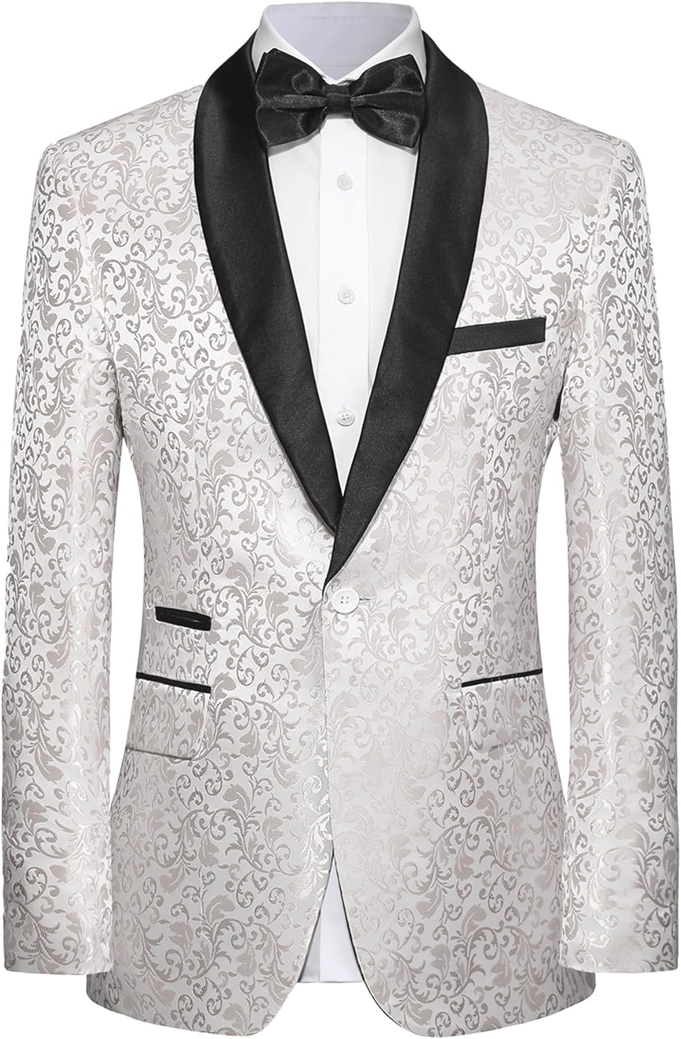 Herren Smokingjacke weiß mit schwarzem Revers, florales Muster, festlich, elegant, Anzugmode.