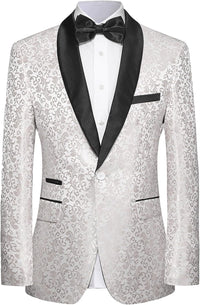 Herren Smokingjacke weiß mit schwarzem Revers, florales Muster, festlich, elegant, Anzugmode.