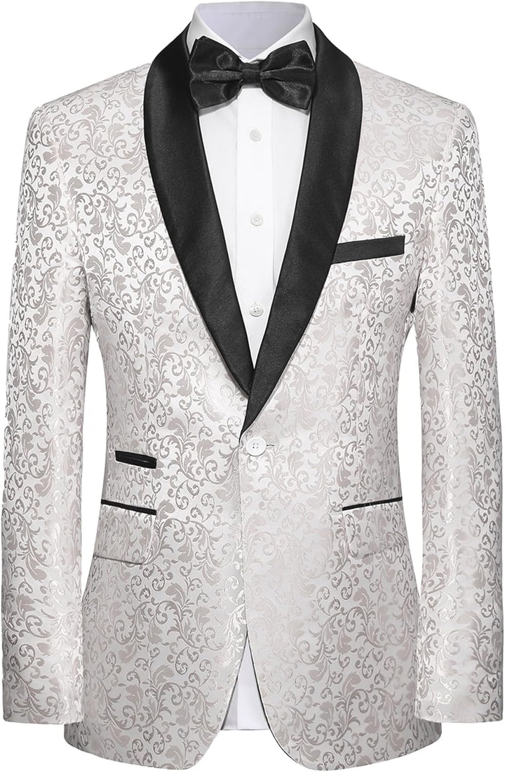 Herren Smokingjacke weiß mit schwarzem Revers, florales Muster, festlich, elegant, Anzugmode.