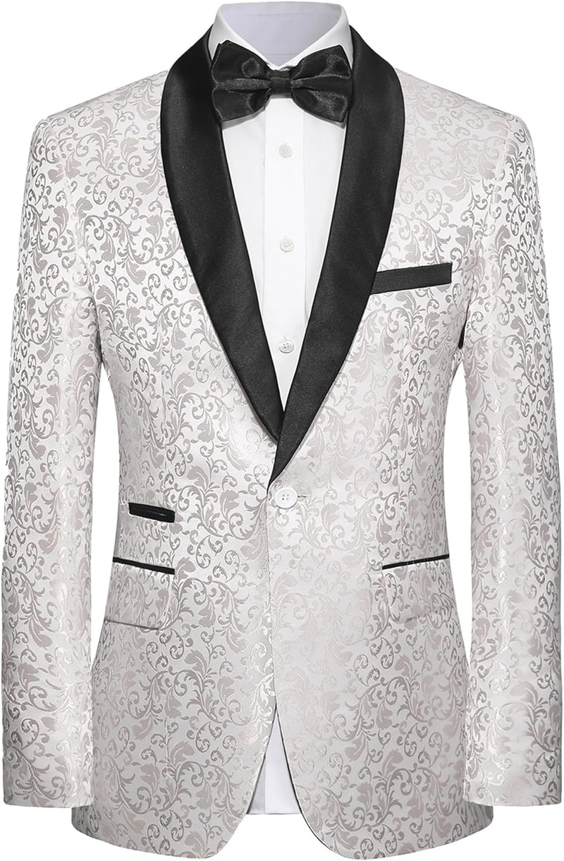Herren Smokingjacke weiß mit schwarzem Revers, florales Muster, festlich, elegant, Anzugmode.