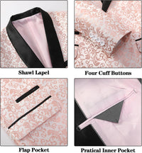 Rosa Brokat Smokingjacke mit schwarzem Schalkragen, vier Knöpfen, Klappentasche, Innentasche.