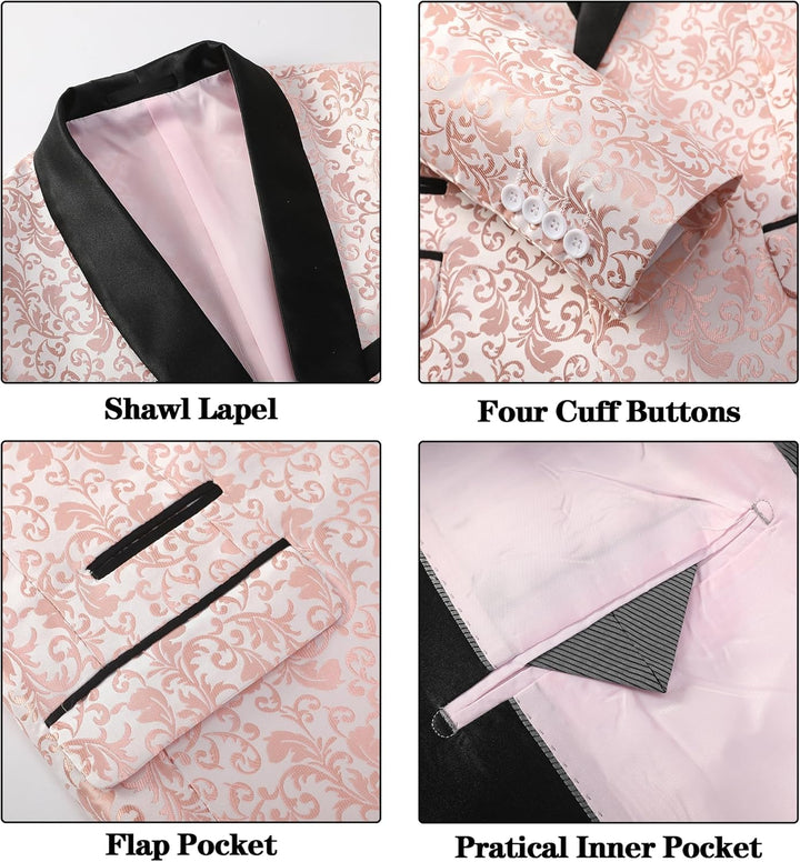 Rosa Brokat Smokingjacke mit schwarzem Schalkragen, vier Knöpfen, Klappentasche, Innentasche.
