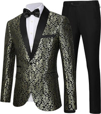 Herren Smoking Anzug, gold-schwarz, florales Muster, Satinrevers, festliche Abendmode.