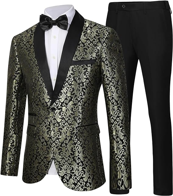 Herren Smoking Anzug, gold-schwarz, florales Muster, Satinrevers, festliche Abendmode.