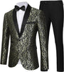 Herren Smoking Anzug, gold-schwarz, florales Muster, Satinrevers, festliche Abendmode.
