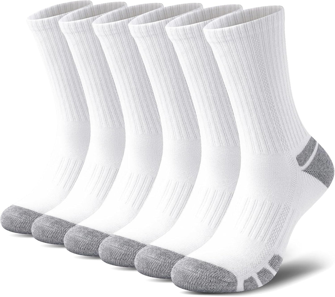 Sechs Paar weiße Sportsocken mit grauen Zehen und Fersen, atmungsaktiv, Baumwolle.