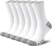 Sechs Paar weiße Sportsocken mit grauen Zehen und Fersen, atmungsaktiv, Baumwolle.