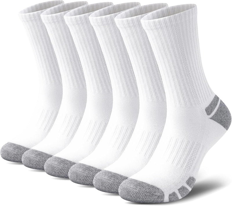 Sechs Paar weiße Sportsocken mit grauen Zehen und Fersen, atmungsaktiv, Baumwolle.