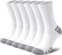 Sechs Paar weiße Sportsocken mit grauen Zehen und Fersen, atmungsaktiv, Baumwolle.