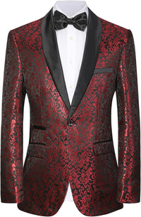 Roter Herren Smokingjacke mit schwarzem Satinrevers, florales Muster, festlich, elegant.